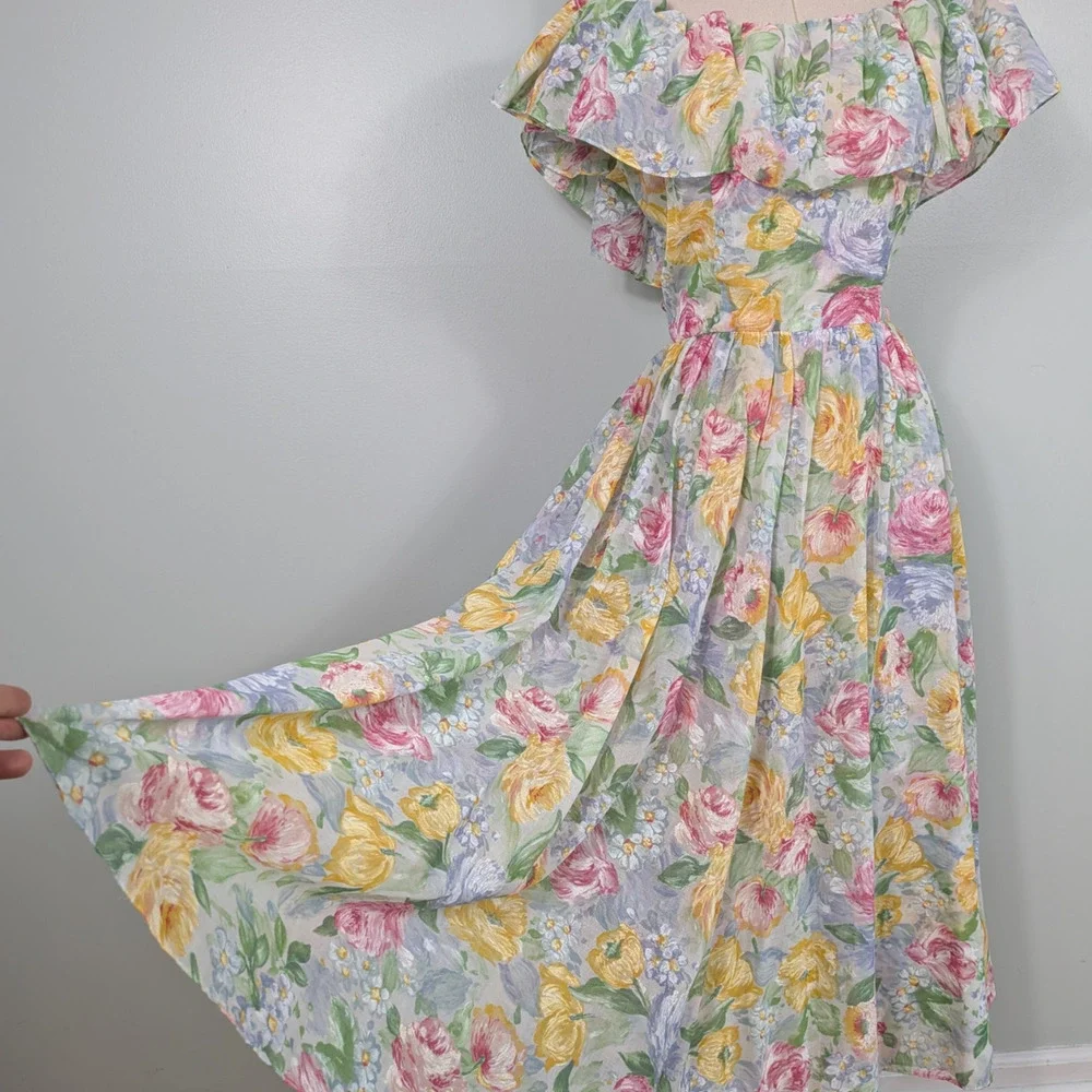 Vintage Lanz Midi Dress M Multi Floral 80s 90s Cottage Feminine Ruffle Summer